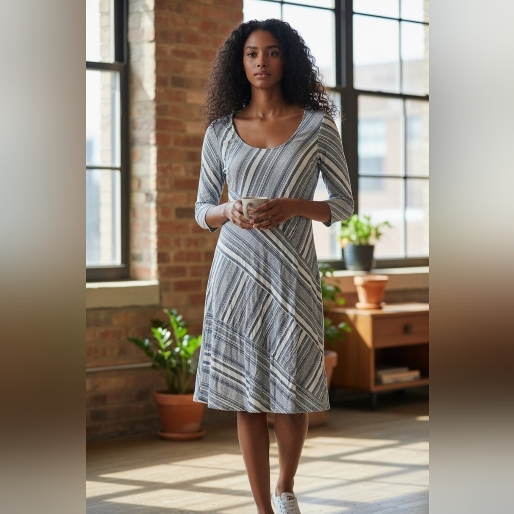 Soft Surroundings Linen Blend Striped Dress | PXS Blue White 3/4 Sleeve